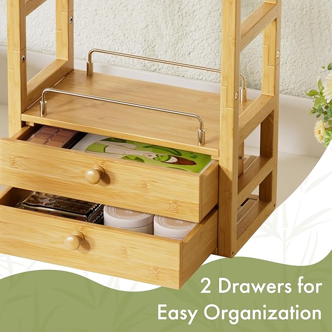 AmazerBath Bamboo Bathroom Counter Organizer, 2-Tier Makeup Organizer with 2 Drawers, Vanity Organizer Storage Coffee Matcha Station, Compact Shelf for Bathroom Kitchen Office Countertop - Image 5
