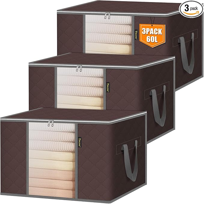 BALEINE 3 Pack Clothes Storage Bags, 16 Gallon Storage Containers with Reinforced Handle, Sturdy Zipper, Closet Organizer for Blanket, Comforter, Pillow, Bedding (Brown, 3 Pack) by BALEINE