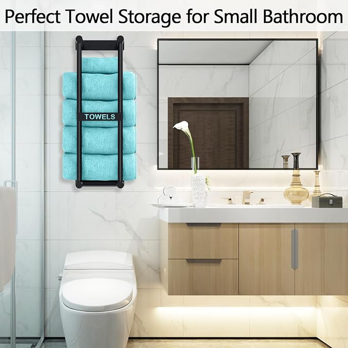 STWWO Bathroom Towel Rack Wall Mounted Can Holds 4 Large Towels, Black - Image 2