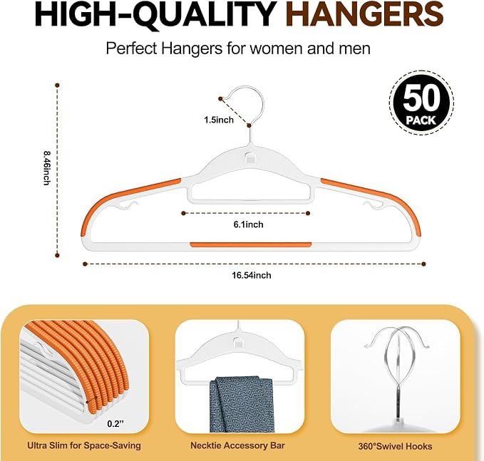 Plastic Stackable Hangers 50 Pack, 360° Swivel Hook, Orange - Image 4