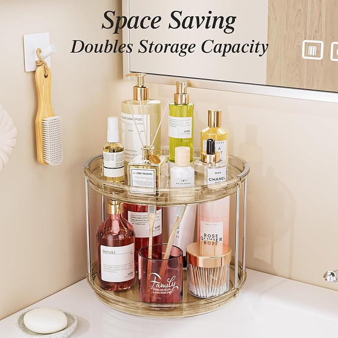 LAMU 2 Pack 2 Tier Lazy Susan Turntable Organizer 10.6'' Rotating Spice Rack Organization for Cabinet, Kitchen, Pantry, Countertop, Bathroom, Vanity, Medicine Cabinet Organizer, Amber - Image 6