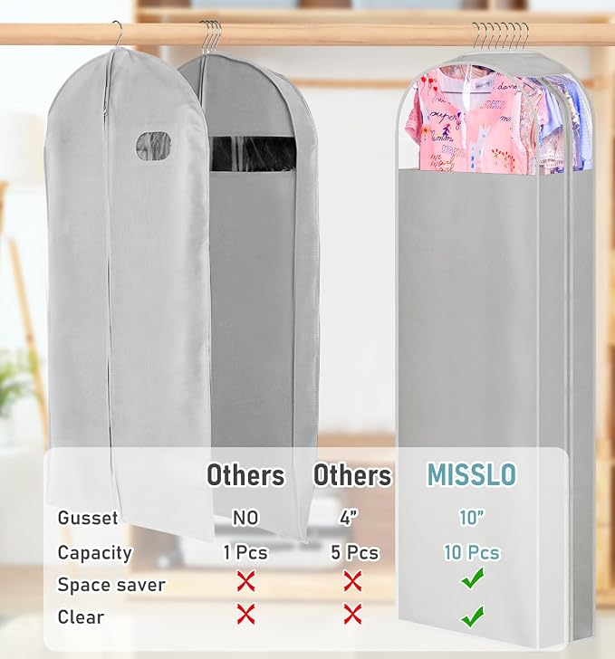 MISSLO 10" Gusseted Garment Bags for Hanging Clothes 40"+60" Clear Suit Bags for Closet Storage Dress Bag for Gowns Long Coat Protector, 3 Packs, Grey - Image 3
