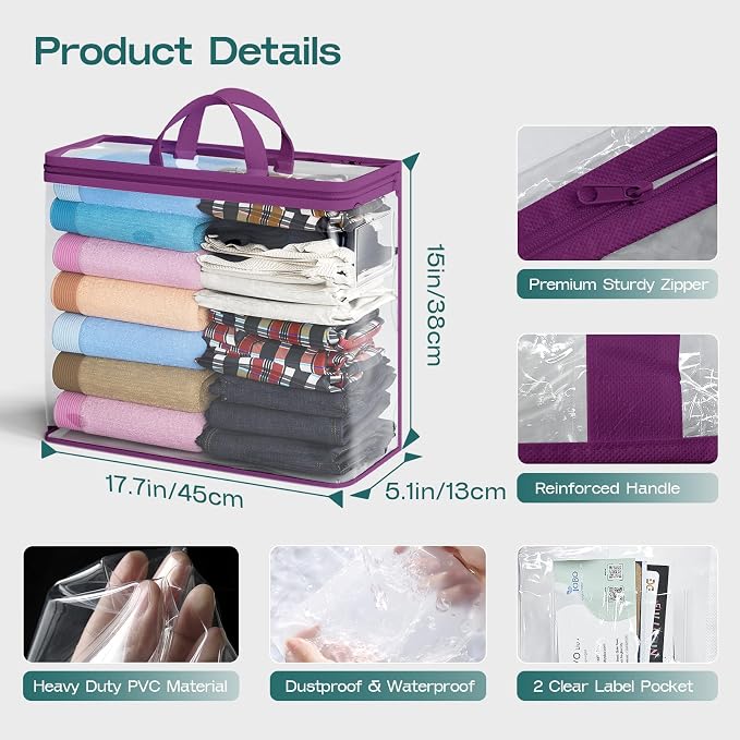 10PACK Clear Zippered Storage Bags for Clothes, 22L Clear Storage Bag, and Blanket Storage Bags for Bedding, Linen, Blankets, Comforters, Clothing & Toys (Purple) - Image 3