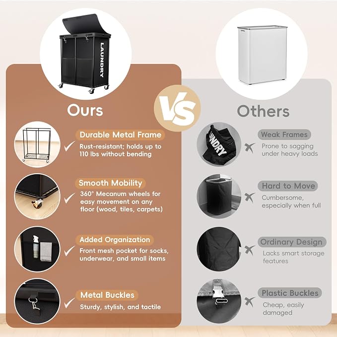 Laundry Hamper with Wheels and Lid, 225L Large Rolling Laundry Basket Black - Image 8