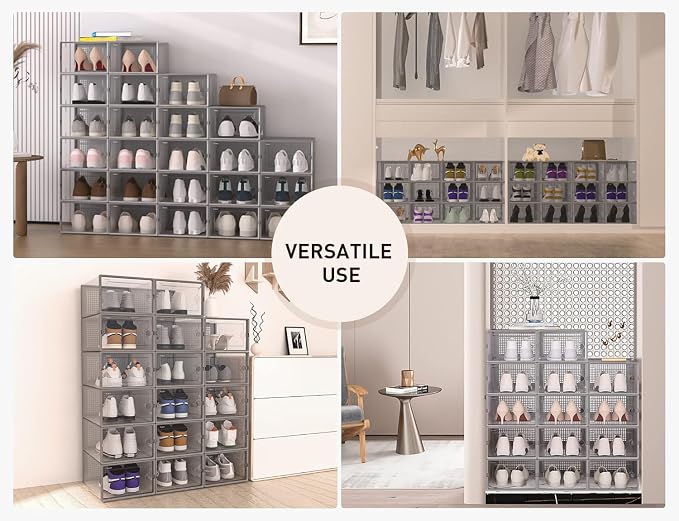 Kuject X-Large Shoe Storage Boxes 12 Pack, Clear Stackable Shoe Organizer | Shoe Case for Closet, Entryway & Under-Bed Storage, Drop-Front Design, Space-Saving Solution for Family Organization,Grey - Image 6