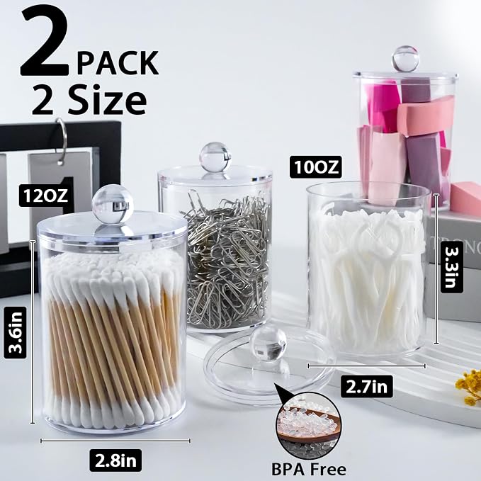 2 Pcs Acrylic Qtip Holder, Cotton Ball Holder Jars with Lids, Clear - Image 2