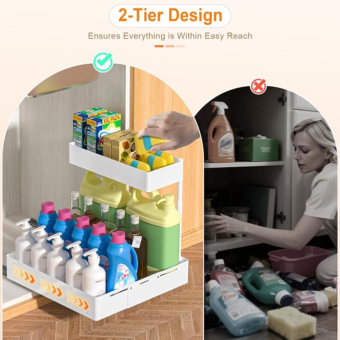 YJHome 2 Pack Expandable Under Sink Organizer, 2 Tier Pull Out Cabinet Organizer with Smooth Ball Bearing Slides, Adjustable Height Cabinet Storage Shelves for Kitchen, Bathroom, Laundry, Pantry - Image 5