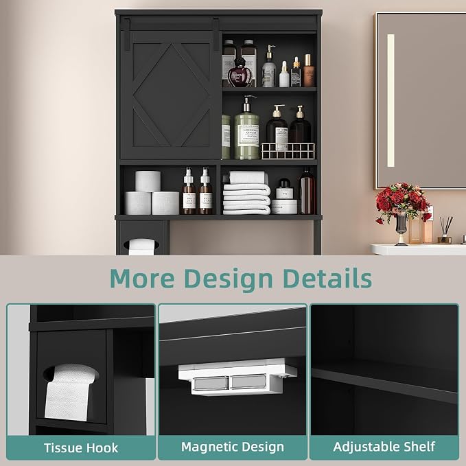 Over the Toilet Storage Cabinet with Farmhouse Sliding Barn Door, Above Toilet Organizer with Toilet Paper Holder Stand, Behind Toilet Shelf, Space Saver for Restroom, Bathroom, Laundry, Black - Image 6
