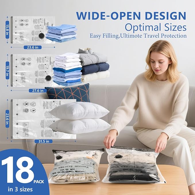 18 Pack Travel Vacuum Bags for Clothing with Rechargeable Wireless Air Pump - Image 3