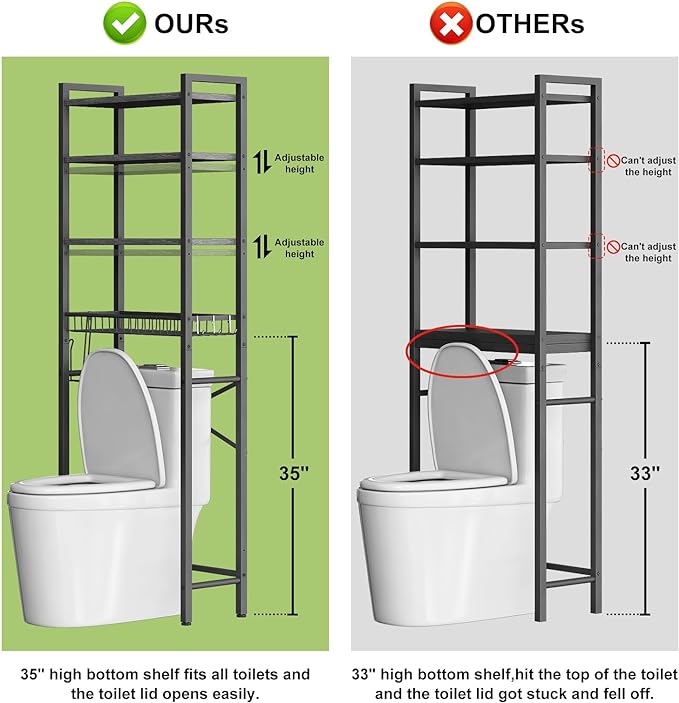 Kalrin Over-The-Toilet Storage Rack, 4-Tier Bathroom Organizer Shelf Over Toilet with Adjustable Shelf and Basket, Freestanding Space Saver Bathroom Shelves Above Toilet for Room (Pure Black) - Image 2