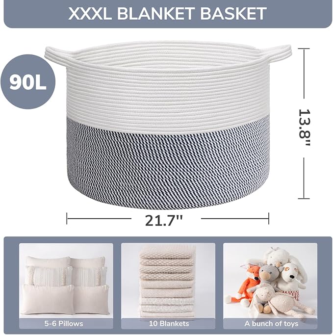 INDRESSME XXXLarge Woven Rope Blanket Basket Living Room Navy, 90L - Image 3