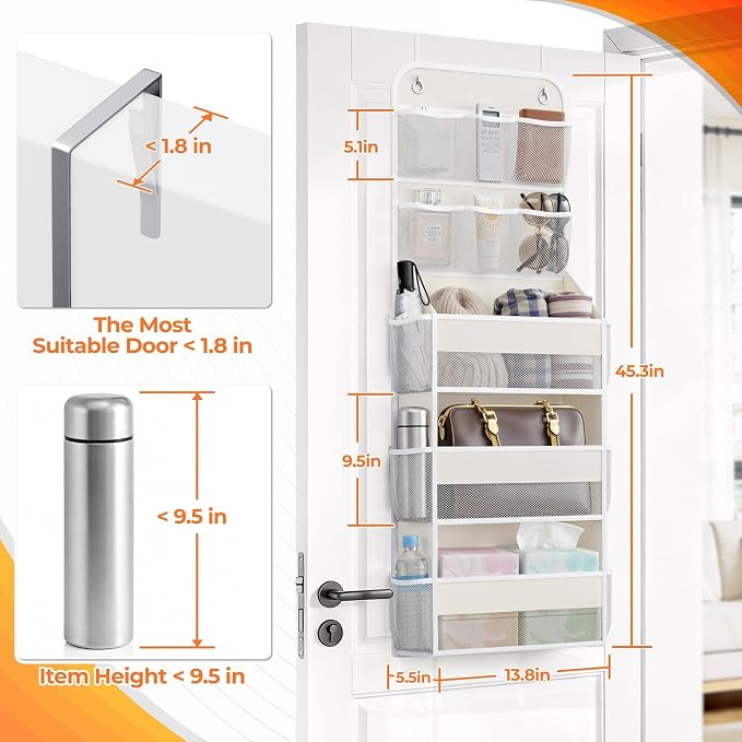 SpaceHacks 5-Tier Over the Door Organizer with Mesh Pockets, Baby Nursery Storage for Closet, Bathroom and Bedroom, Adjustable Hanging Closet Organizer for Cosmetics, Books and Essentials (Beige) - Image 2