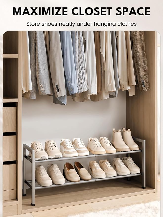 Bumusty 2 Tier Expandable Shoe Rack for Closet, Light Grey | 18"-33" Adjustable Shoe Rack for Entryway, Small Shoe Organizer for Dorm, Front Door, Sturdy Metal - Image 4
