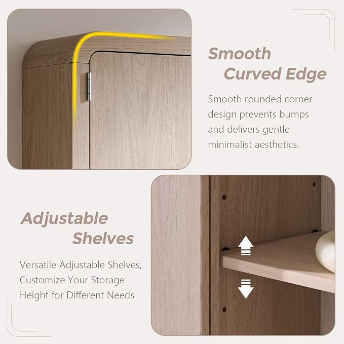 Over the Toilet Storage Cabinet, 69.69" Curved Bathroom Storage Organizer Cabinet with Doors and Adjustable Shelves, Wooden Free Standing Toilet Space Saver Rack, Cream - Image 5