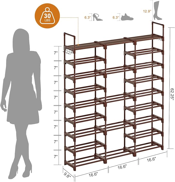 WOWLIVE 9 Tier 3-Column Shoe Rack, 50-55 Pairs Stackable Brown - Image 3