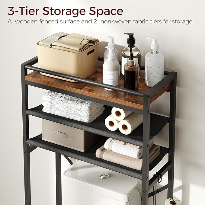 MAHANCRIS Over Toilet Storage, 3-Tier Bathroom Organizer Shelf with Toilet Paper Holder, Freestanding Space Saver Bathroom Shelves Above Toilet for Bathroom, Laundry Room, Rustic Brown TSHR1201 - Image 3