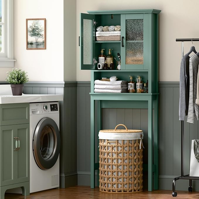 Over The Toilet Storage Cabinet, Over Toilet Bathroom Organizer with Glass Doors and Adjustable Shelf, Thicken Frame Above Toilet Storage Cabinet Behind Toilet Bathroom Organizer, Halcyon Green - Image 5