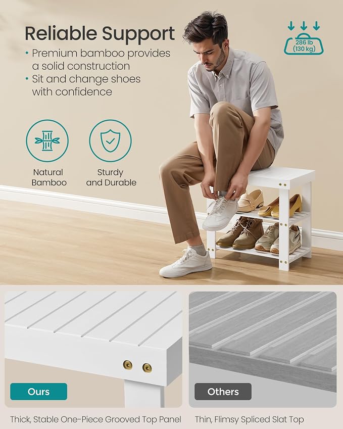 SONGMICS Shoe Rack Bench, 3-Tier Bamboo Entryway Bench, 19.7 Inches Width | Shoe Storage Organizer, Holds Up to 286.6 lb, Cloud White, BAMBOU Collection ULBS001W01 - Image 4