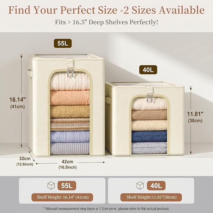 GoMaihe Blanket Storage Bins with Metal Frame for Closet, 55L 4-Pack Beige - Image 2