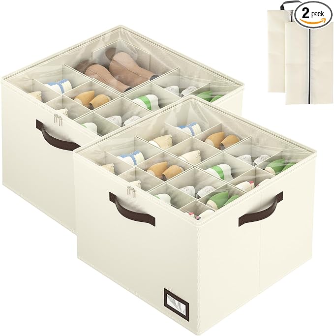 OIAHOMY 2 Pack Shoe Organizer for Closet, Large Foldable Shoe Storage Bins with Dividers and Reinforced Handles, Each Clear Cover Sneaker Box Fits Up to 16 Pairs for Entryway and Bedroom, Beige by MasterofSpaceOptimization