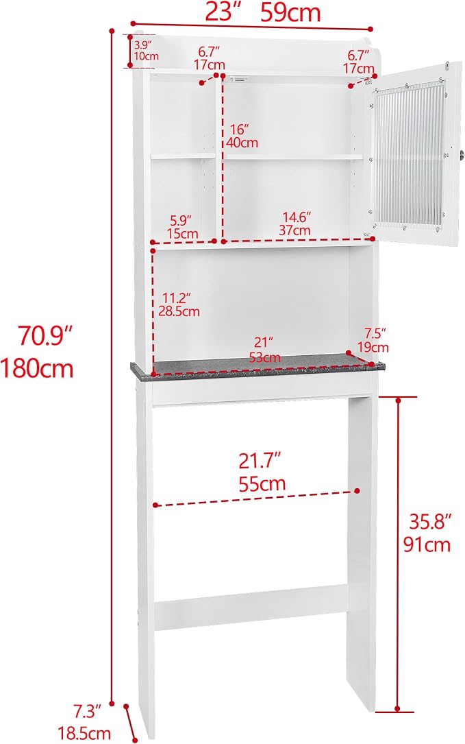 ZenStyle Over The Toilet Cabinet Double Door Wood Bathroom Storage Organizer with Adjustable Shelves, Cubby and Tempered Glass Door (White) - Image 2