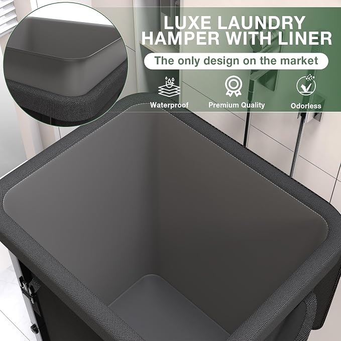 Laundry Basket with Lid,150L Rolling Laundry Hamper with Wheels Black - Image 3