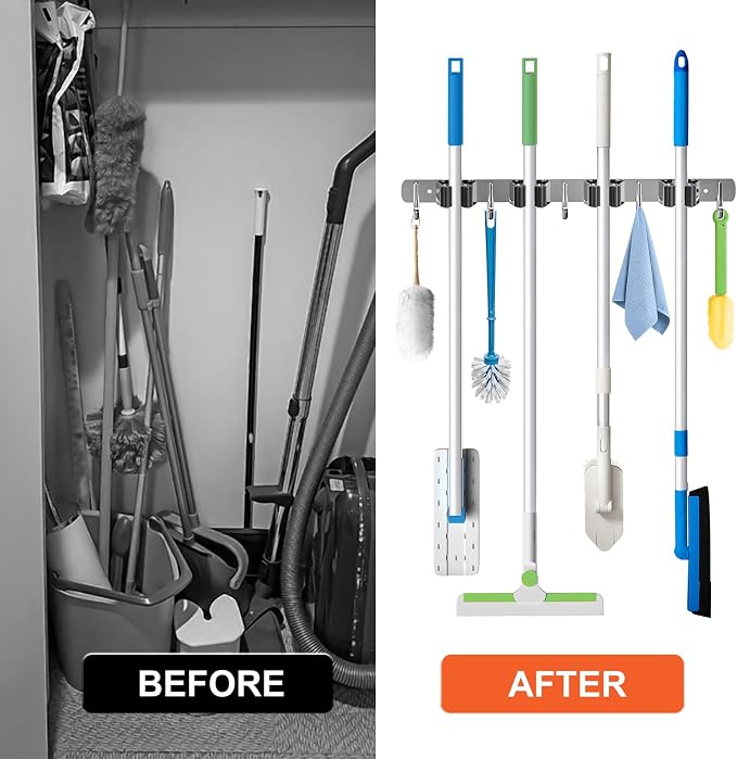 ZONGOOL 2 Pack Mop Broom Holder Wall Mount 4 Racks 5 Hooks Storage Silver - Image 5
