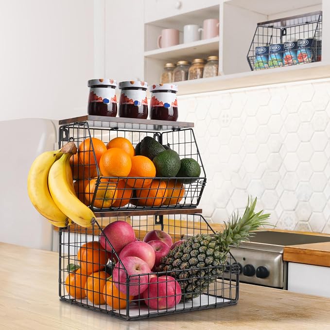Mefirt Fruit Basket, Stackable Wall Mounted Fruit Baskets, Potato Baskets Onion Storage for Kitchen, Hanging Wire Basket with Wood Lid, 2-Tier Vegetable Organizer Kitchen Countertop Organization - Image 9