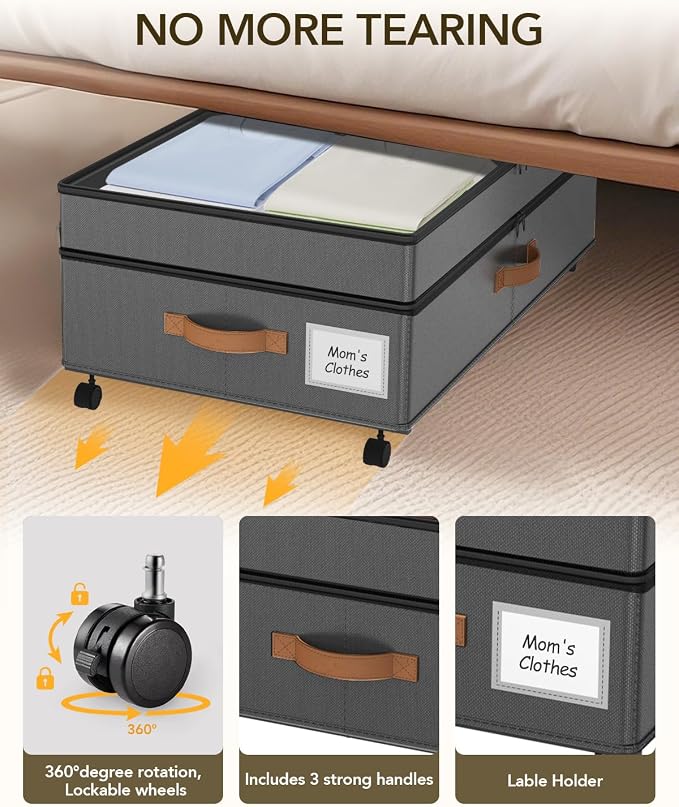 Under Bed Storage with Wheels, 10 inches Under Bed Storage Containers, 65L XXL Large Adjustable Underbed with Lids, Rolling Underbed Storage bins for Shoes, Clothes, Blankets, Grey - Image 5