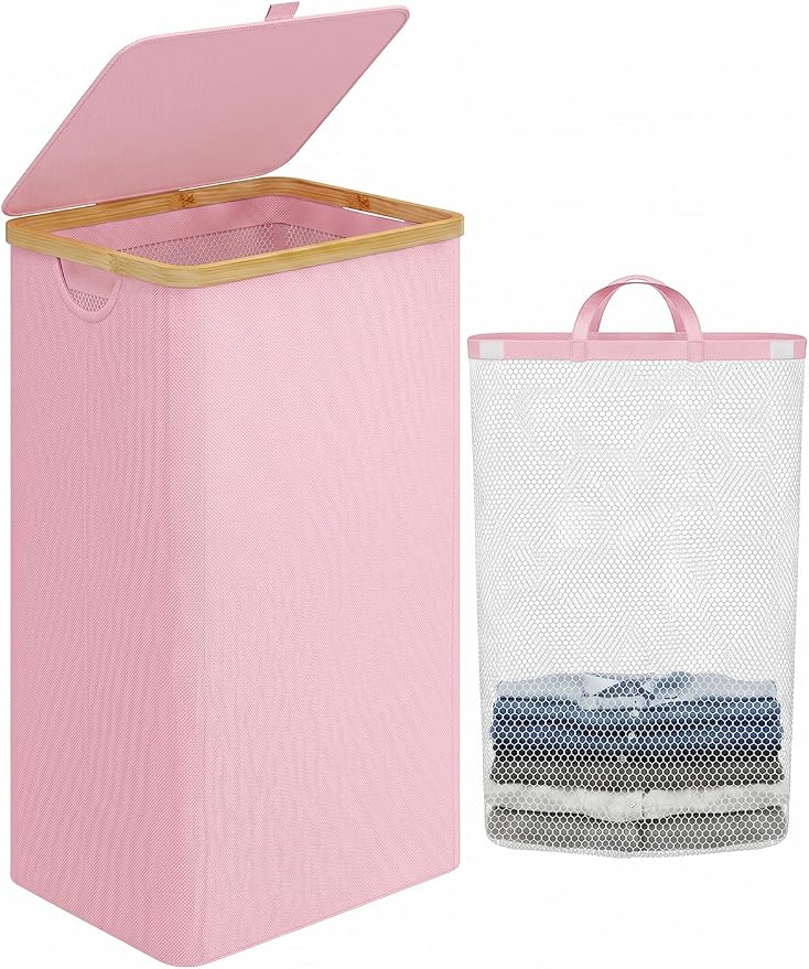 IEGrow Laundry Hamper with Lid,110L Laundry Basket with Mesh Bags,Pink by iEGrow