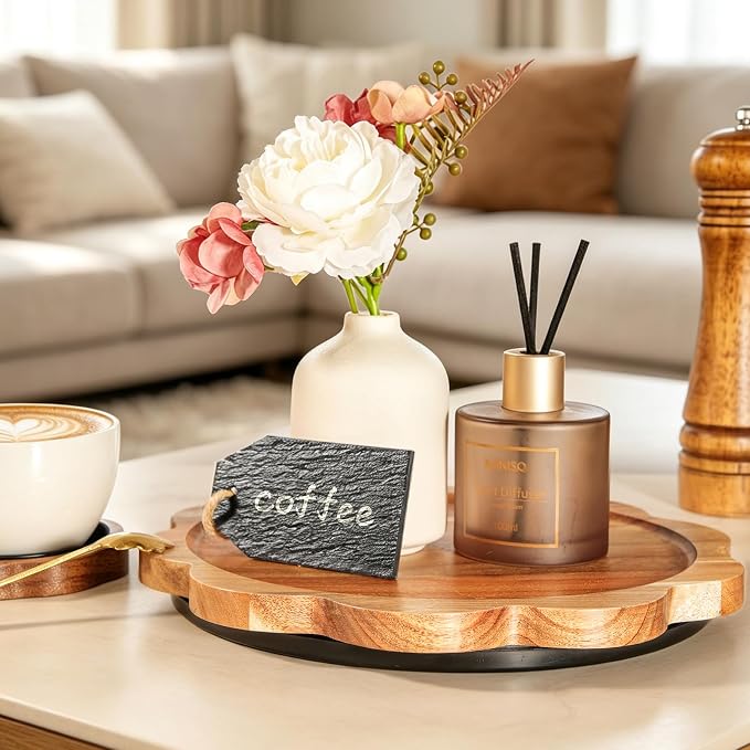 WLWNWFT Lazy Susan Turntable Organizer 10in, Acacia Wood Flower Shape Rotating Tray Candle Decoration Tray Centerpiece for Coffee Table, Candle Holder Display, Spice Rack, Pantry Organiser - Image 4