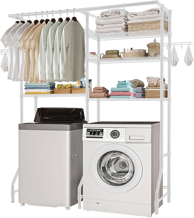 VEVOR Over The Washer and Dryer Storage Shelf, 6 Tier Laundry Room Drying Rack with Hanger Rod and Hooks, Adjustable Over Washer and Dryer Shelves, Laundry Room Shelf Storage Space Saver, White by VEVOR
