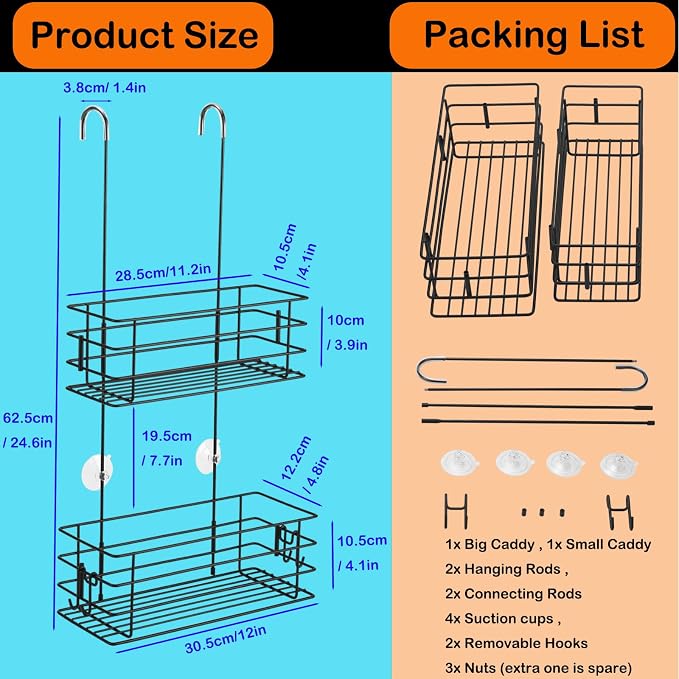 2-Tier Shower Caddy Hanging Shower Organizer Rack with Hooks Over The Door - Image 6