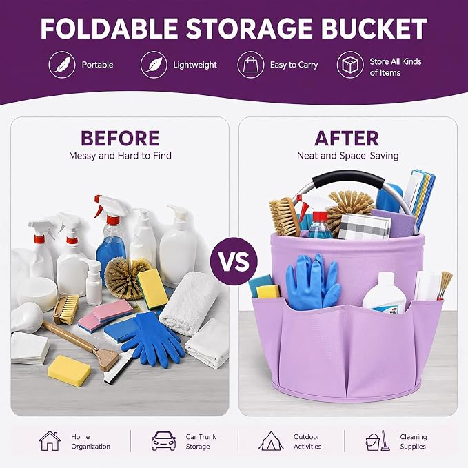 Cleaning Caddy with Handle, 17L Foldable Storage Basket, Heavy Duty 600D Oxford Cloth Organizer, Portable Supply Bag, Multi-Purpose Supplies Caddy for Home, Bathroom, Kitchen, Garden - Purple - Image 3