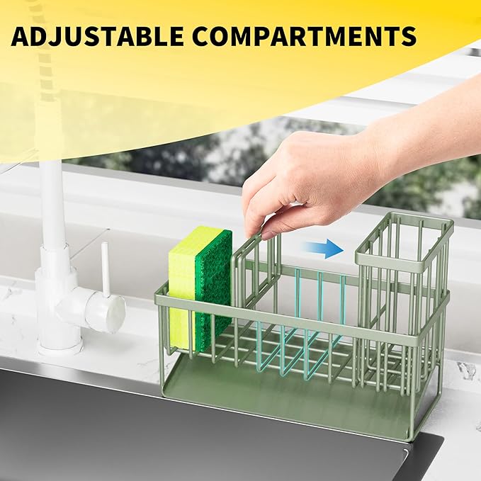Cisily Kitchen Sink Caddy, Sponge Holder for Kitchen Sink, Kitchen Sink Organzier and Storage with High Brush Holder, 304 Stainless Gadgets Sink Accessories, Organizadores de Cocina Sage Green - Image 5