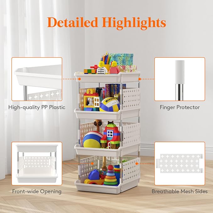 Lifewit 4 Tier Plastic Stackable Storage Baskets for Clothes 2 Pack, White - Image 6