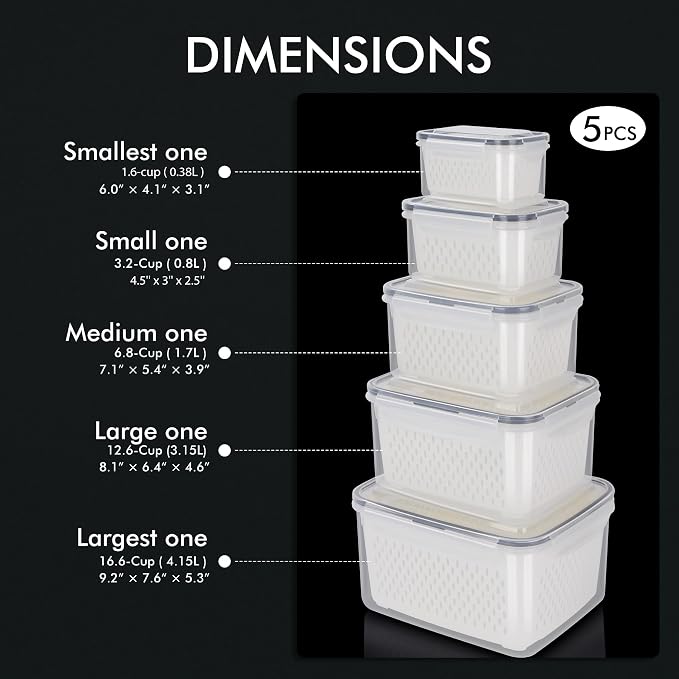 HOTEC 5-Pack Large Fruit Storage Container for Fridge Leak proof with Removable Colander, BPA Free Dishwasher & microwave safe Largest 4.15L - Image 2