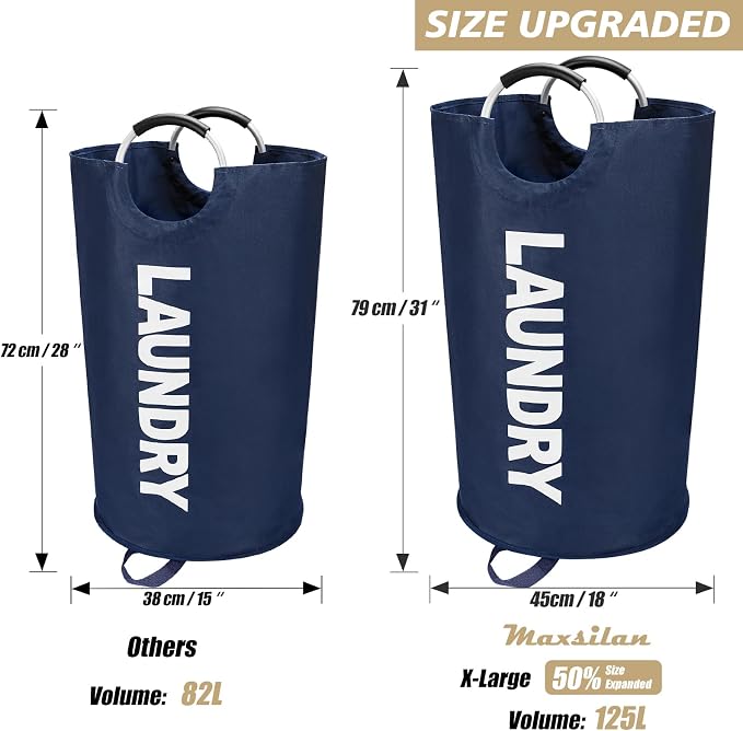 Maxsilan 125L X-Large Laundry Basket, Freestanding Tall Clothes Hamper, Collapsible Laundry Bag, Dark Blue - Image 3