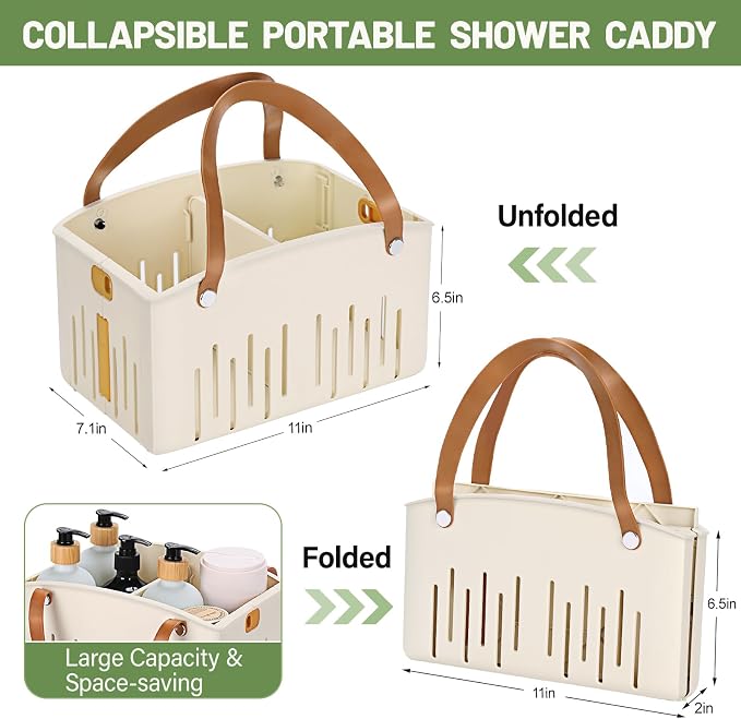 Portable Shower Caddy Collapsible Plastic Shower Basket Tote with Handles Removable Divider, Cleaning Caddy Storage Organizer for Bathroom College Dorm (White) - Image 2