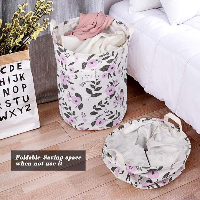 UUJOLY Collapsible Laundry Basket, Laundry Hamper with Handles Waterproof Round Cotton Linen Laundry Hamper Printing Household Organizer Basket, 19.7x15.7 inches, Purple - Image 3