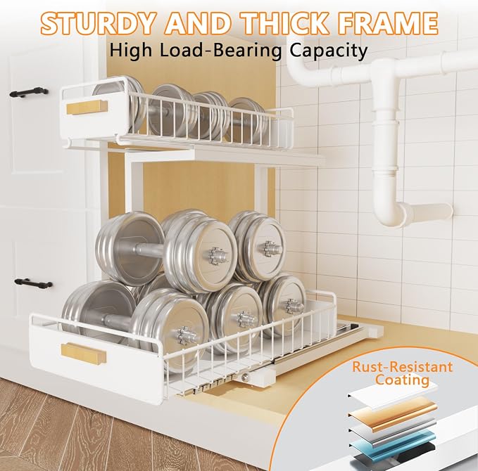 2 Pack Under Sink Organizer with Ball Bearing Sliding Drawer, Heavy Duty Pull Out Cabinet Organizer, 2 Tier Adjustable Storage Rack for Kitchen Bathroom, Space Saving Design, White - Image 4