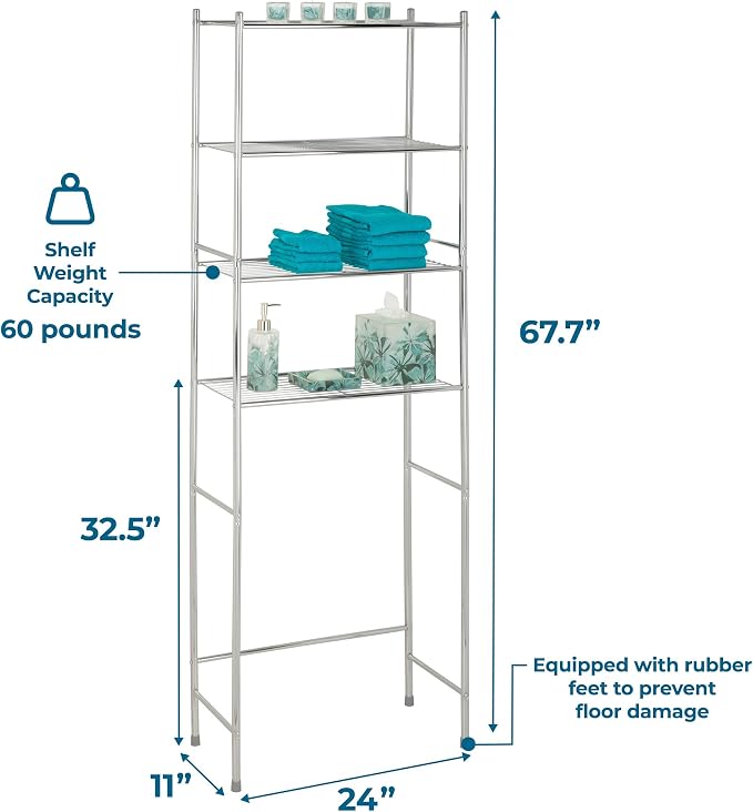 Honey-Can-Do 4-Tier Over-The-Toilet Storage Shelf - Space-Saving Steel Bathroom Restroom Organizer with Neutral Chrome Finish, Ideal for Towels, Toiletries, & Essentials - 24"W x 68"H x 11"D - Image 3