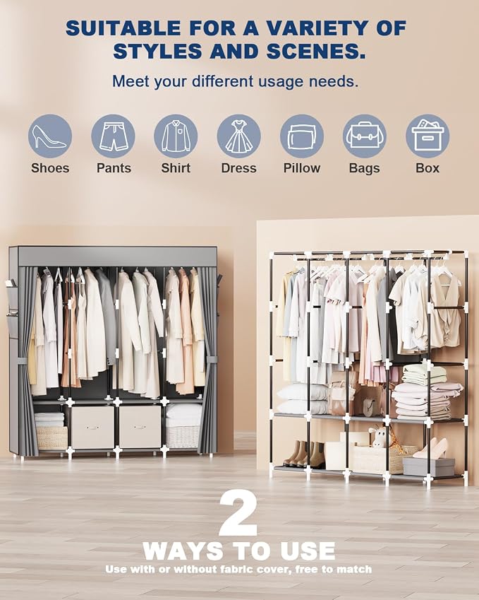 Mavivegue Portable Closet Wardrobe, Clothes Organizer with 4 Hanging Rods, Non-Woven Fabric Cover, Large Capacity Storage for Bedroom and Living Room,Gray - Image 6
