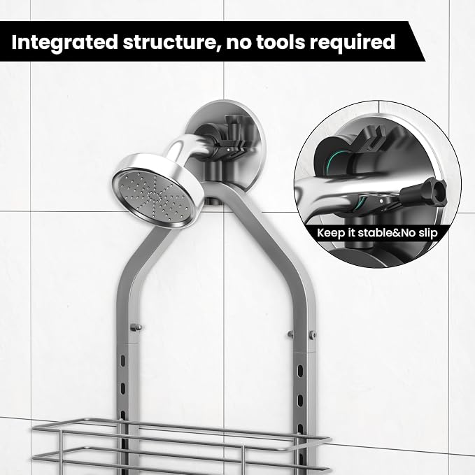 Shower Caddy Hanging (Silver), Adjustable Anti-Swing-Over The Shower Head Caddy, 3 Tier Height Bathroom Storage Organizer, Bathroom Shelves Basket Rack, Shower Caddies Rack with Adjustable Soap Basket - Image 2