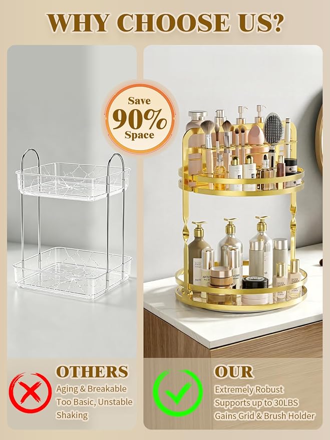 360°Rotating Makeup Organizer, Gold Bathroom Organizer Countertop - Image 7