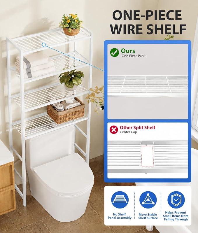 4-Tier Over The Toilet Storage Rack, Bathroom Organizer with One-Piece Metal Mesh Shelves, Over Toilet Shelf with Adjustable Feet & Anti-Tip Kit, Space-Saving Bathroom Storage, White - Image 5