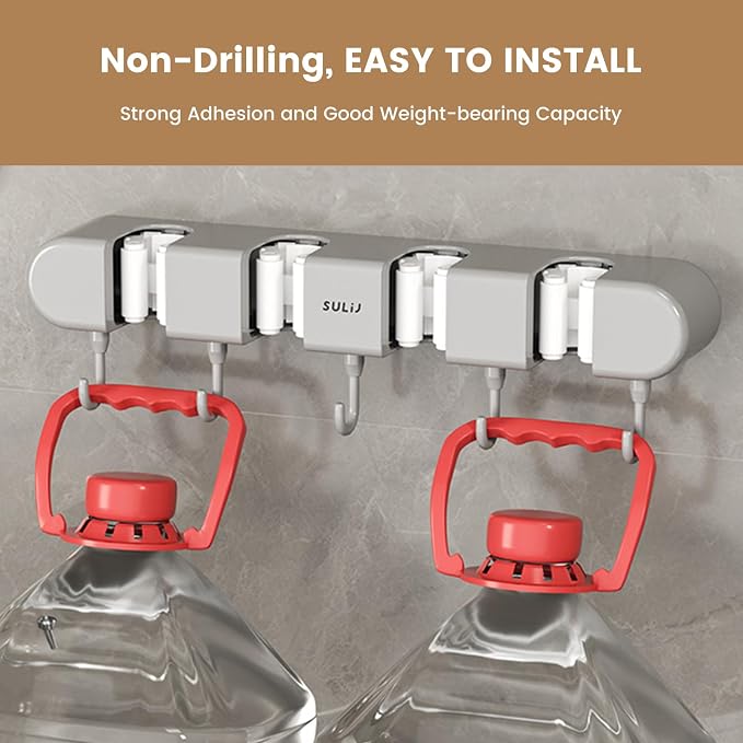 2Pcs Broom Holder Wall Mount, No-Drilling Self-Adhesive Mop and Broom Storage Rack with Hooks (4 Racks with 5 Hooks), Wall-Mounted Broom Hanger for Bathroom, Kitchen, Closet, Garage (Grey) - Image 7
