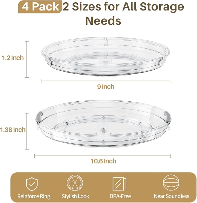 LAMU 4 Pack Lazy Susan Organizer Turntable for Cabinet, Pantry Organizers and Storage, Rotating Condiment Organizer for Kitchen, Table Top, Fridge, Countertop, Spice Organization, 10.6''x2, 9''x2 - Image 2