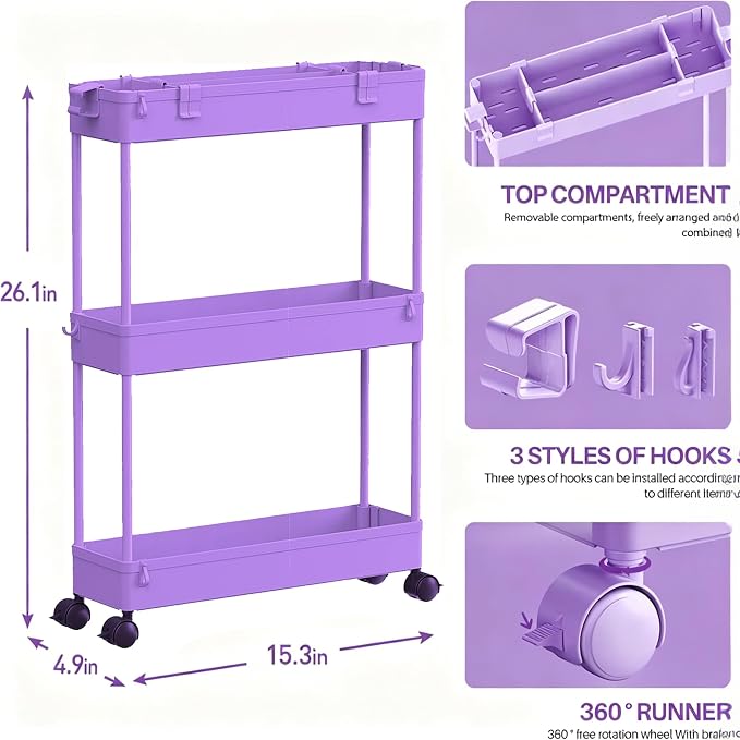 SPACELEAD Slim Storage Cart 3 Tier,Bathroom Organizer Rolling Utility,Mobile Shelving Unit Slide Out for Office, Kitchen, Laundry Room & Narrow Places,Purple - Image 3