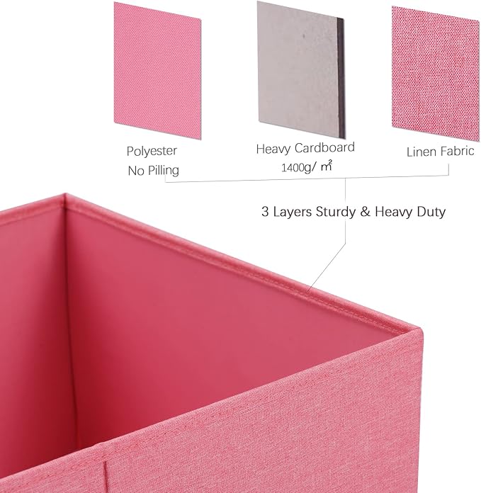 HOONEX Linen Foldable Storage Bins with Lids, 2 Pack, Storage Boxes with Carrying Handles and Sturdy Heavy Cardboard, 16.5" L x 11.8" W x 7.5" H for Shoes, Books, Clothes, Nursery, Pink - Image 3